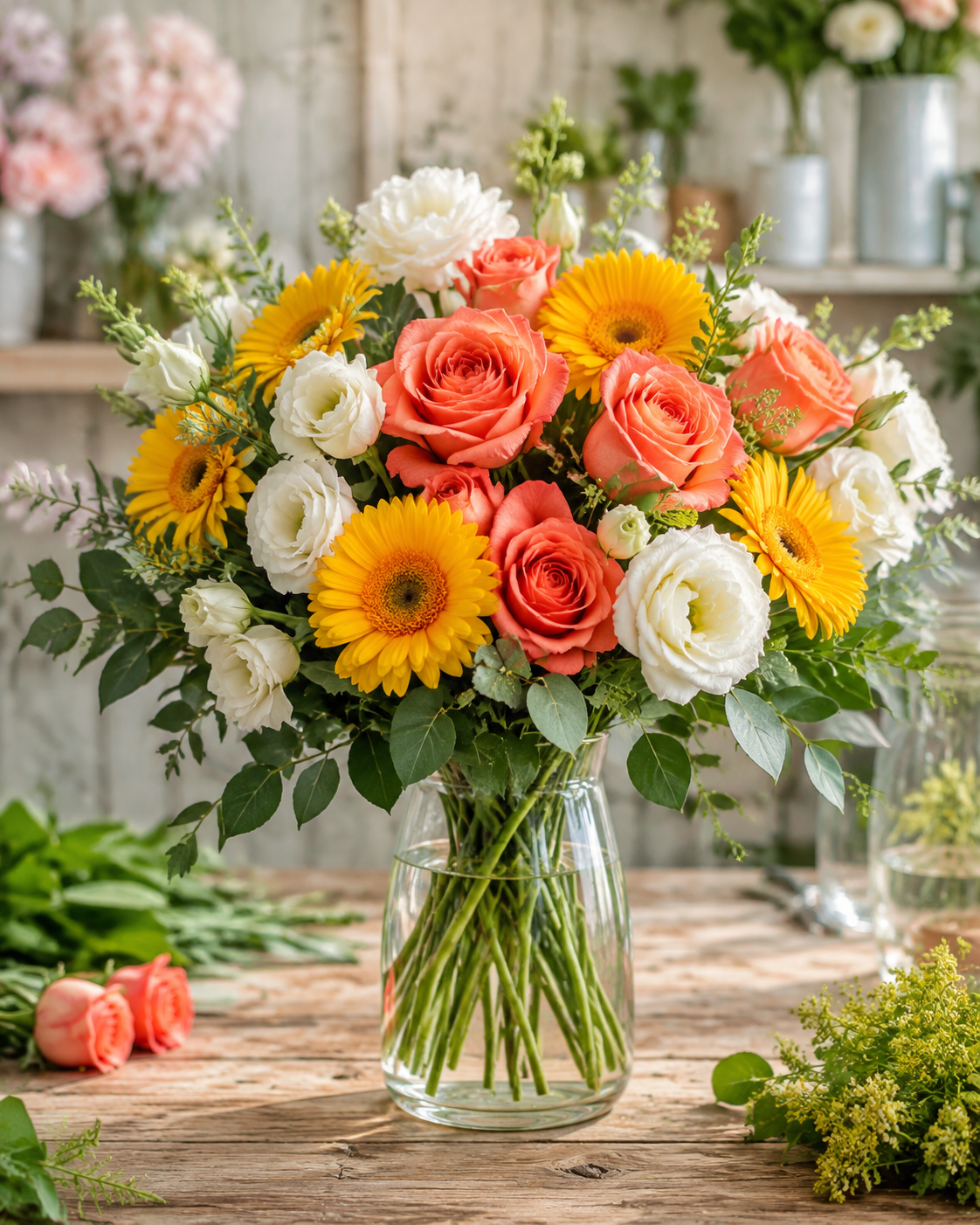 Ramo de rosas, gerberas y lisianthus
