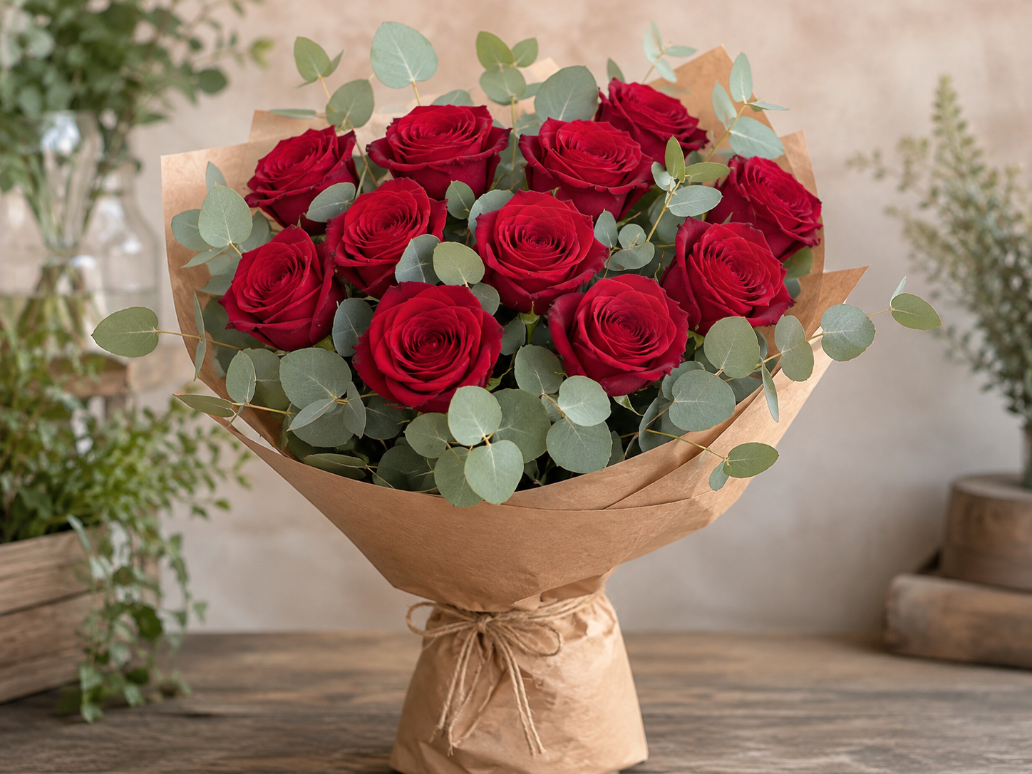 12 rosas premium + eucalipto